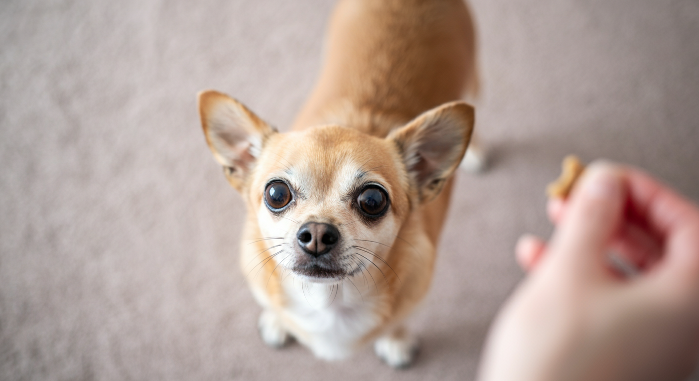 飼い主を見上げ、おやつを待ちながら真剣な眼差しでアイコンタクトをとる小型犬