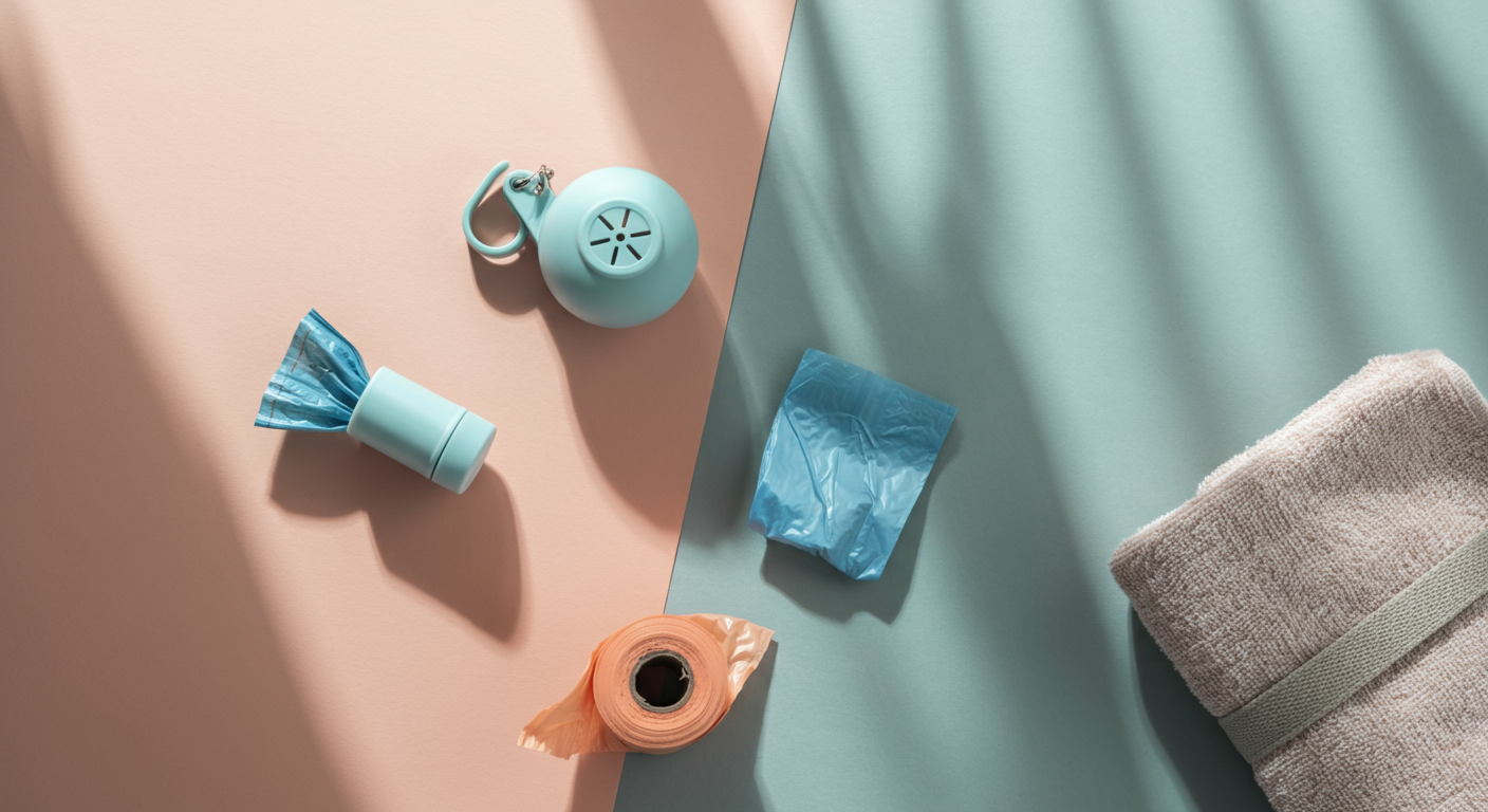 パステルカラーのうんち袋ディスペンサーや水筒など、ドッグランの持ち物がミニマルな背景に並べられている。