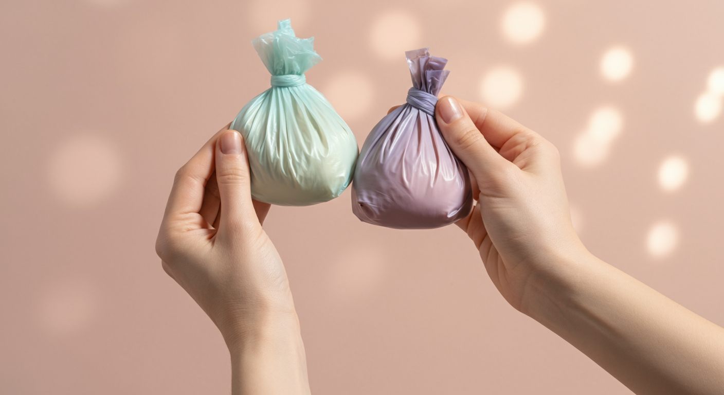 2種類のうんち袋を光に透かしている写真。一方は薄く、もう一方は厚手で、品質の違いが視覚的に表現されている。