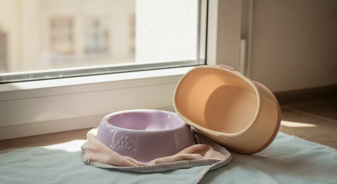 窓辺の清潔な布の上に逆さまに置かれ、自然光で乾燥させている清潔な携帯用ドッグボウルの写真。