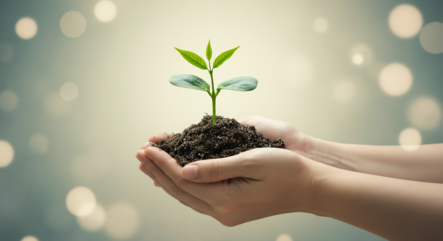 両手の中で育つ若い芽。子犬のデリケートな成長を象徴している。