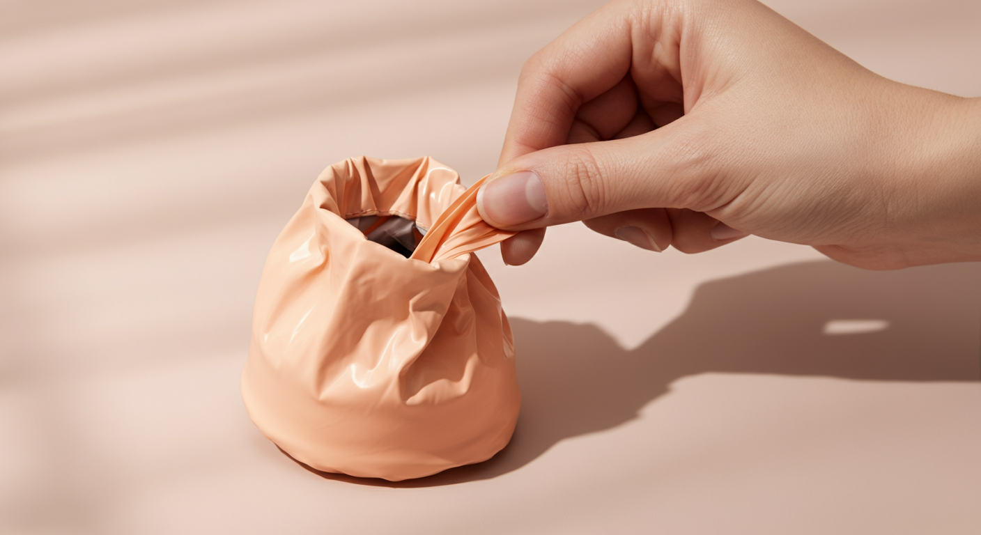 片手で簡単に開けられる、静電気防止加工が施されたピーチ色のうんち袋のクローズアップ。