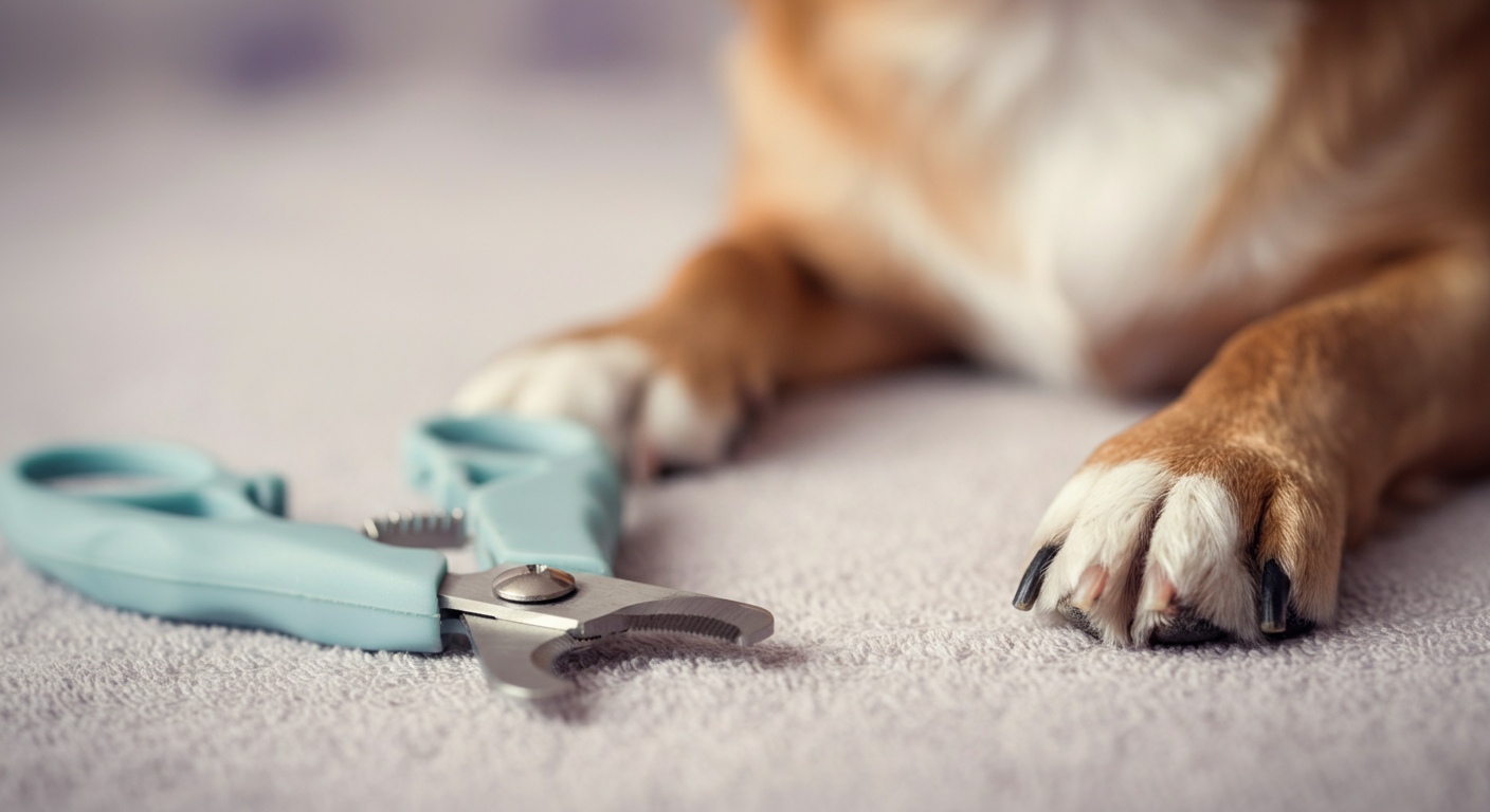 きれいにトリミングされた犬の足元と、その横に置かれた犬用の爪切りの写真。