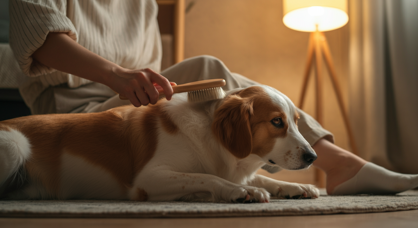 床のラグの上で、飼い主がくつろいでいる犬を優しくブラッシングしている。