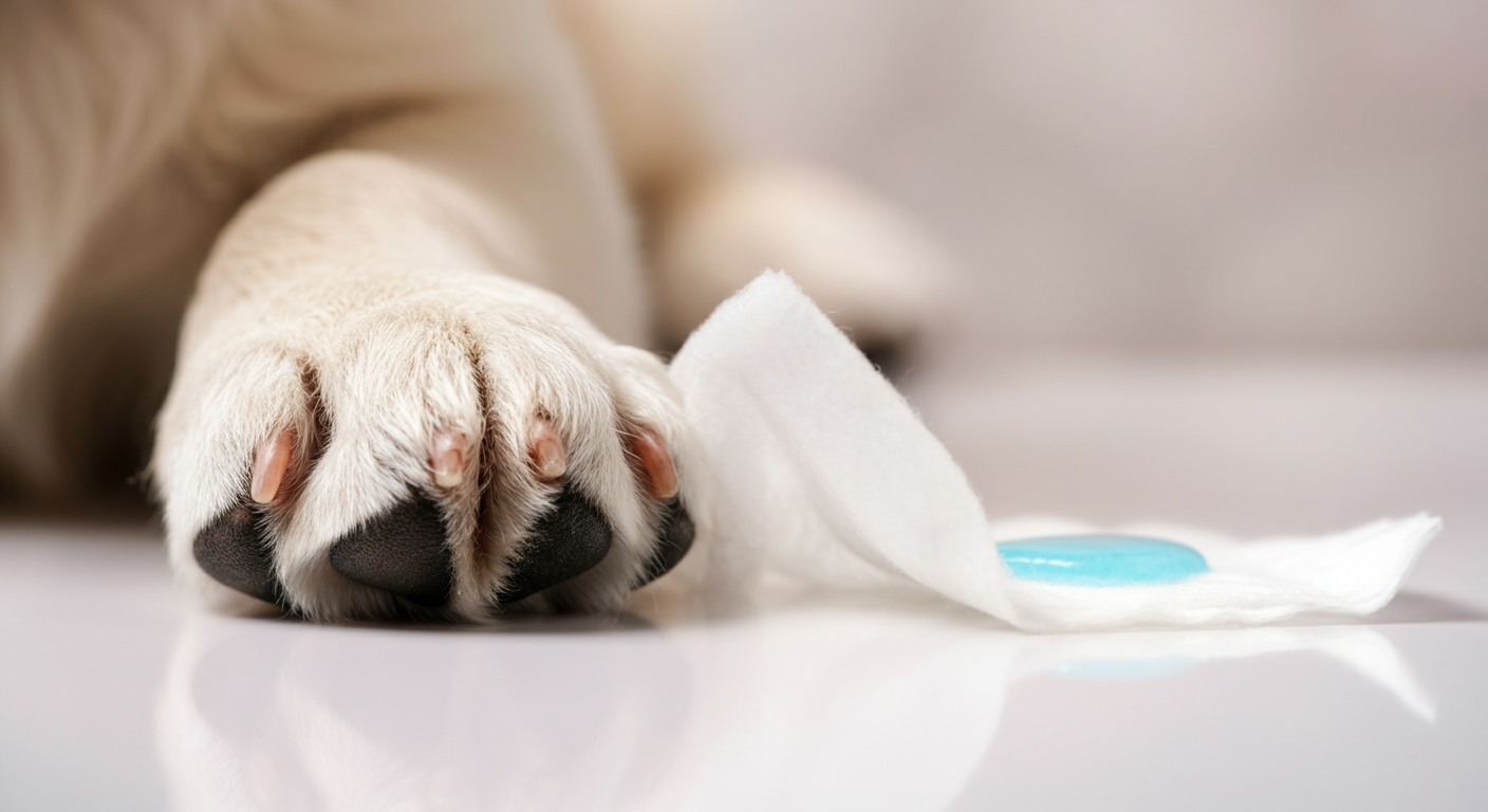 パステルカラーの背景に置かれた犬用のウェットティッシュと、その横に優しく置かれたゴールデンレトリバーの子犬の肉球のクローズアップ写真。