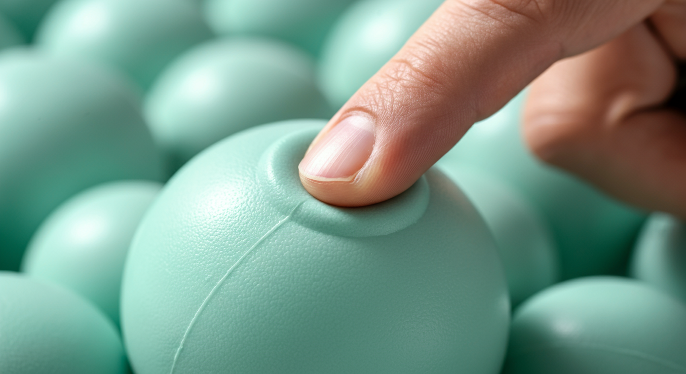 人の親指が優しくボールを押し、その弾力性を確かめている様子のマクロ写真。