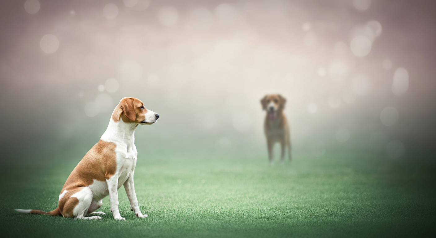 公園の芝生の上で、遠くにいる別の犬のシルエットを静かに見つめている一匹の犬