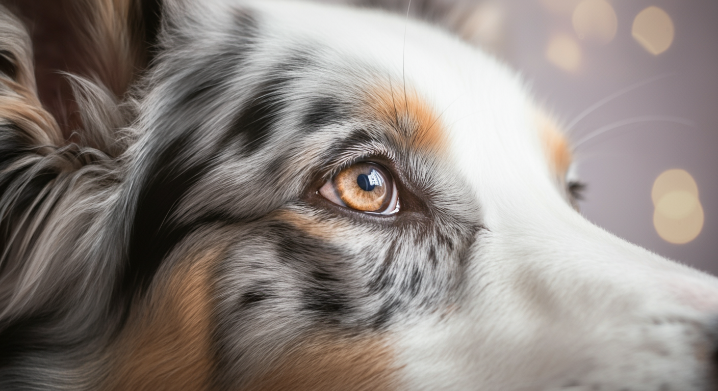 穏やかな光を反射しているボーダーコリーの片目のアーティスティックなマクロ撮影。表情は穏やかで、落ち着いた心境を示唆している。