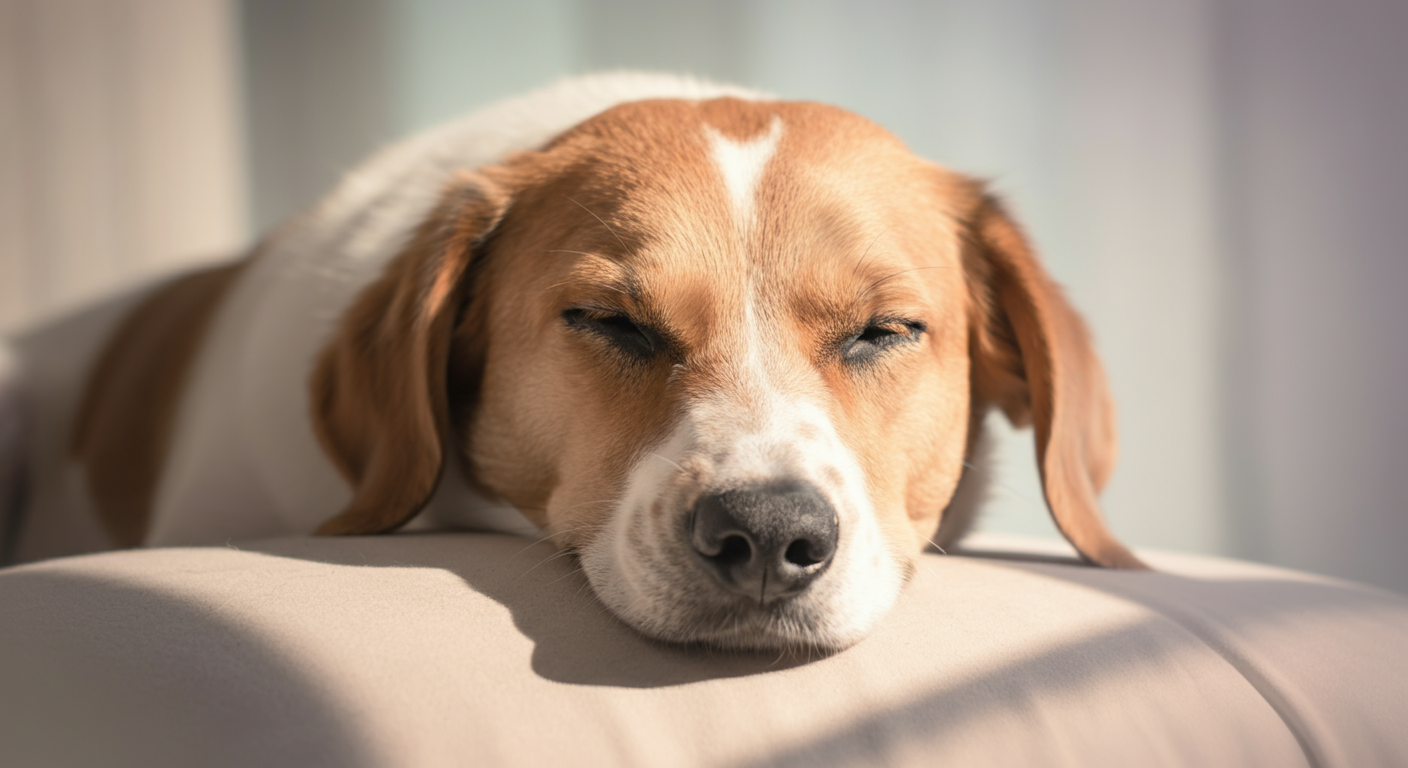 午後の柔らかな光の中で、気持ちよさそうに眠っている犬の顔のクローズアップ。