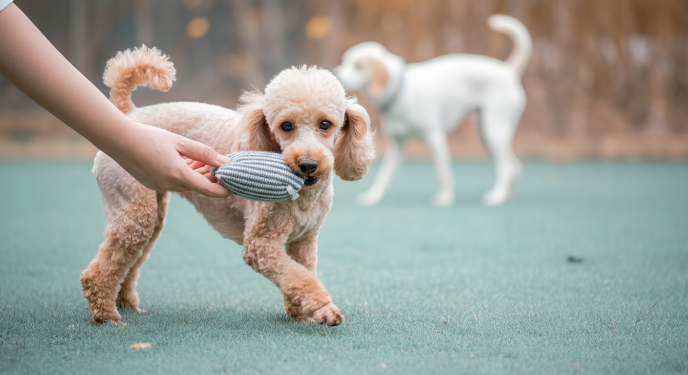 飼い主がプードルのために、他の犬がいない場所で地面近くでボールを持っている写真。