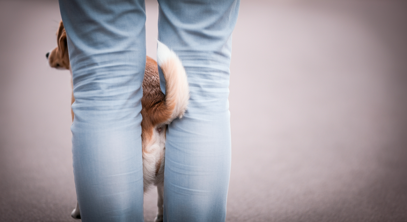 飼い主の足元に隠れるようにしている犬。尻尾が足の間に巻き込まれている。