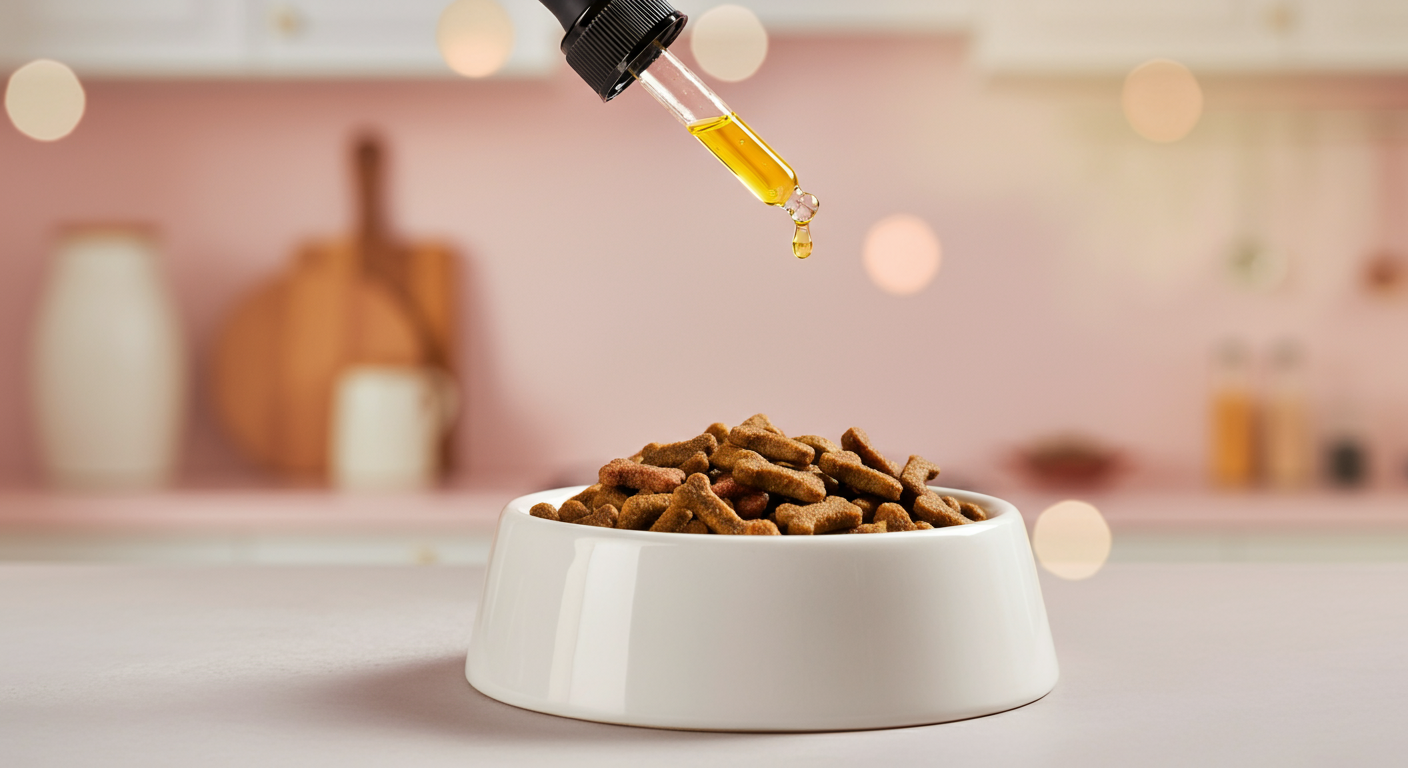 ドッグフードの入った白いボウルに、スポイトから黄金色のオイルが一滴垂らされているマクロ写真。