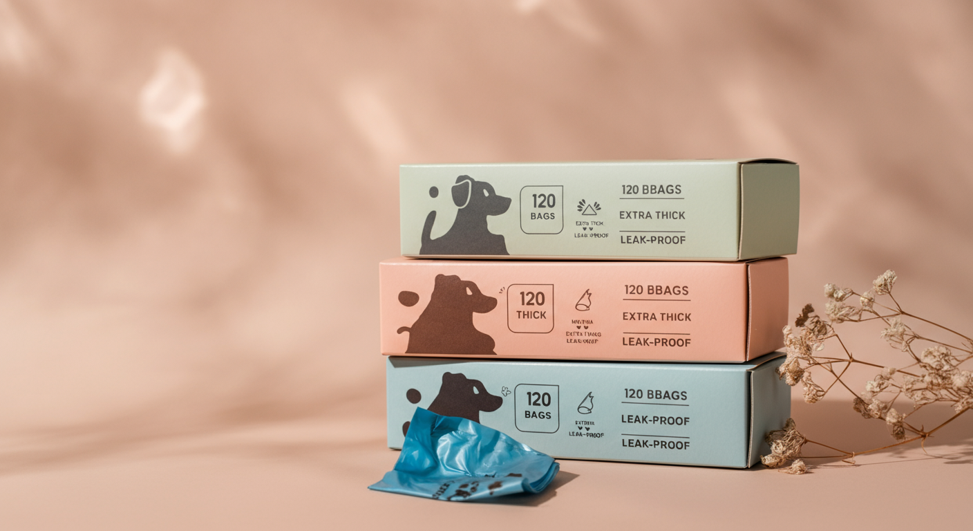 きれいに積み重ねられた3つのうんち袋の箱。箱の側面に書かれた「120枚入り」「極厚」といったスペック表記に焦点が合っている。