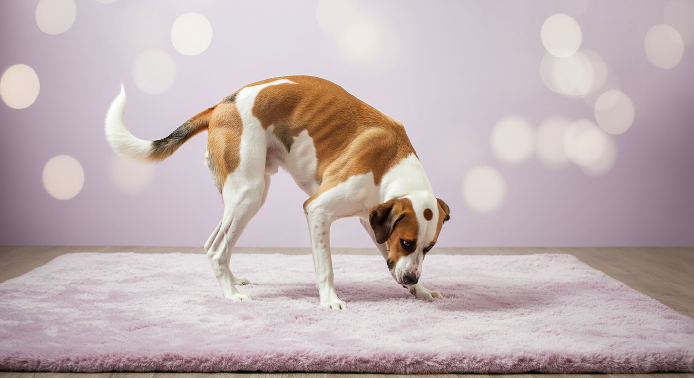 パステルカラーのラグの上で、一頭の大型犬が「スピン」の芸をきれいに決めている瞬間。