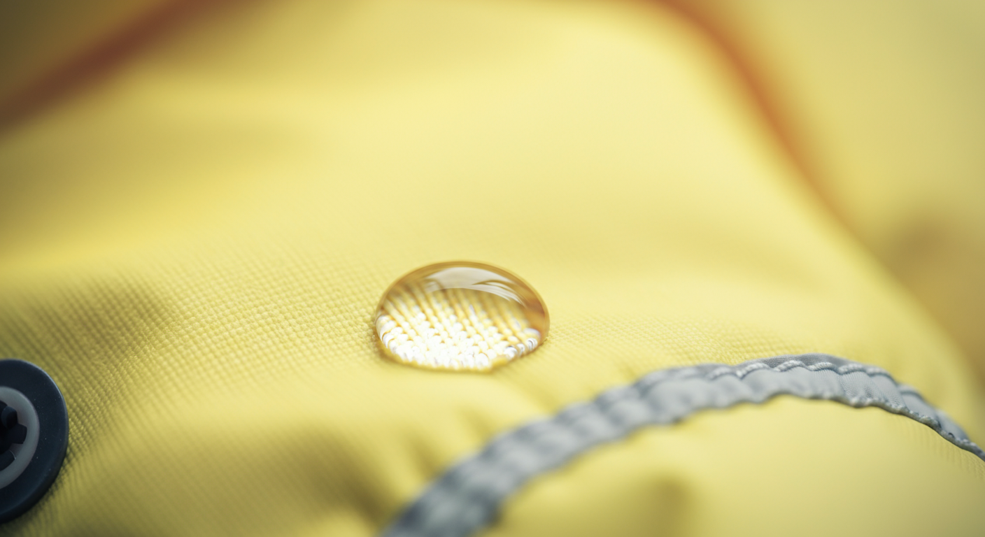 パステルイエローのレインコート生地の上で、水滴が玉のようになっているクローズアップ写真。