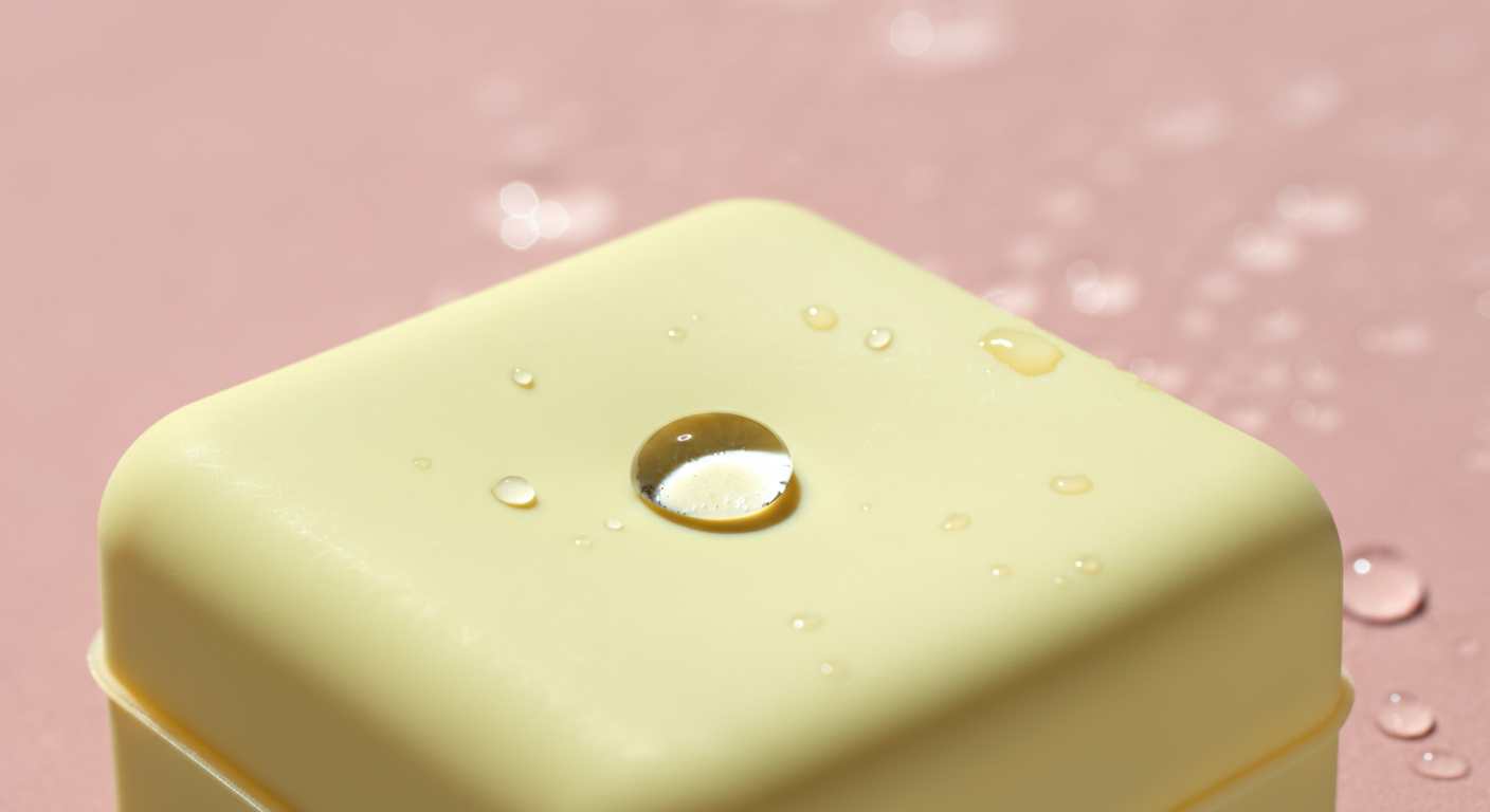 パステルイエローのシリコン製ポーチの表面に水滴が玉になっているマクロ写真。防水性を示している。