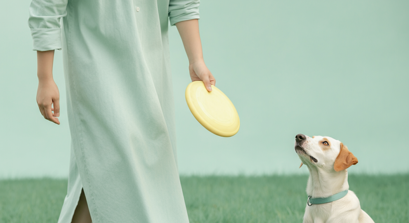 飼い主が一人で楽しそうにフリスビーを投げて遊んでおり、その様子を近くに座った犬が興味深そうに眺めている写真。