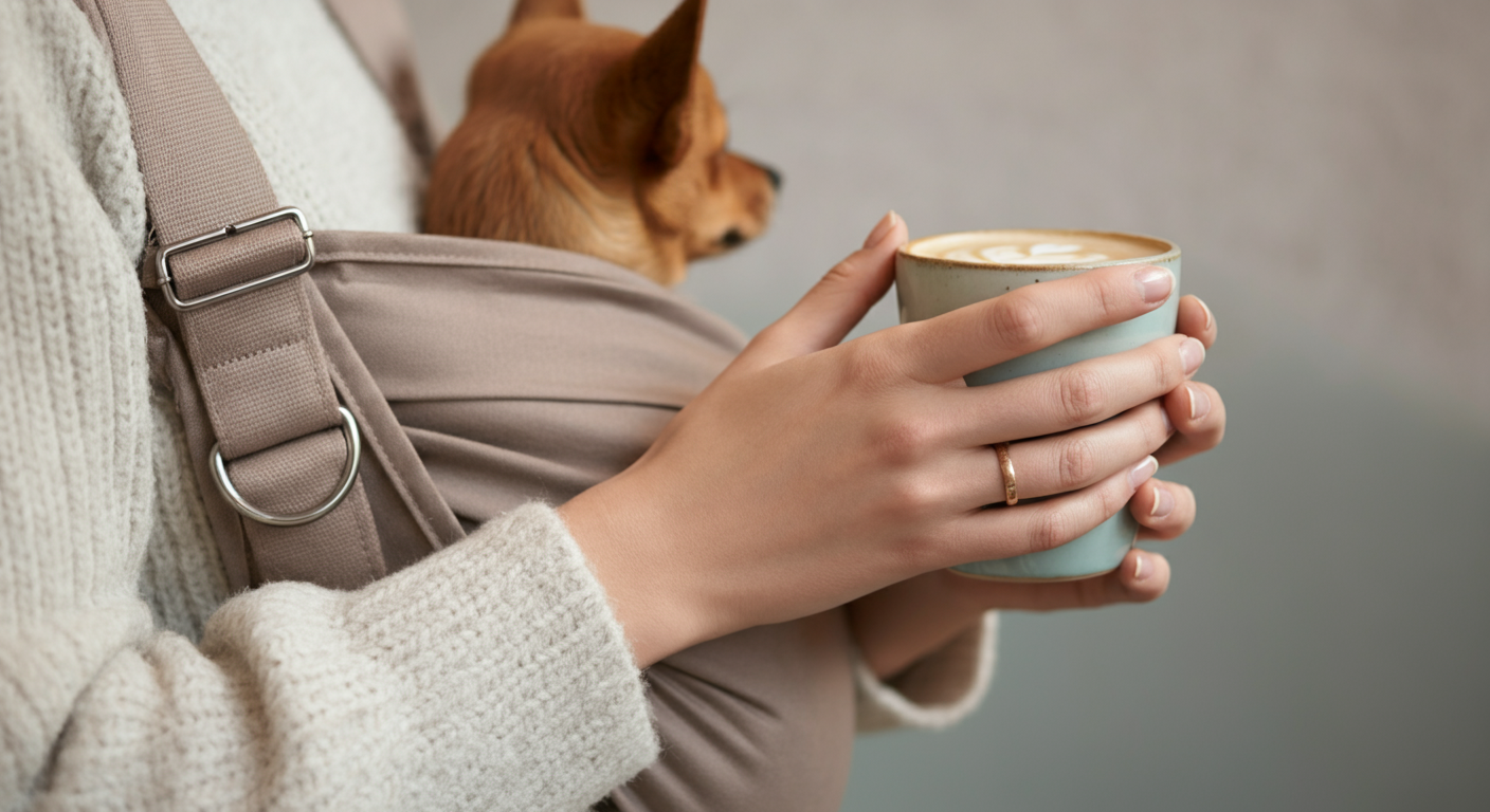 おしゃれなスリングを肩にかけ、コーヒーカップを持つ女性の手元。スリングからは犬の耳が少しだけ見えている。