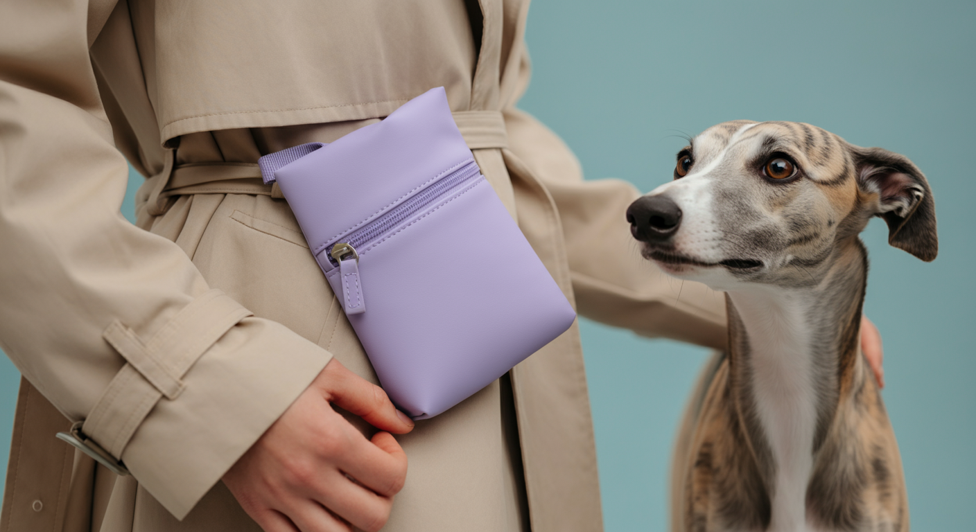 ベージュのトレンチコートを着た人が、洗練されたラベンダー色のトリーツポーチをベルトに付けている様子のアーティスティックな写真。