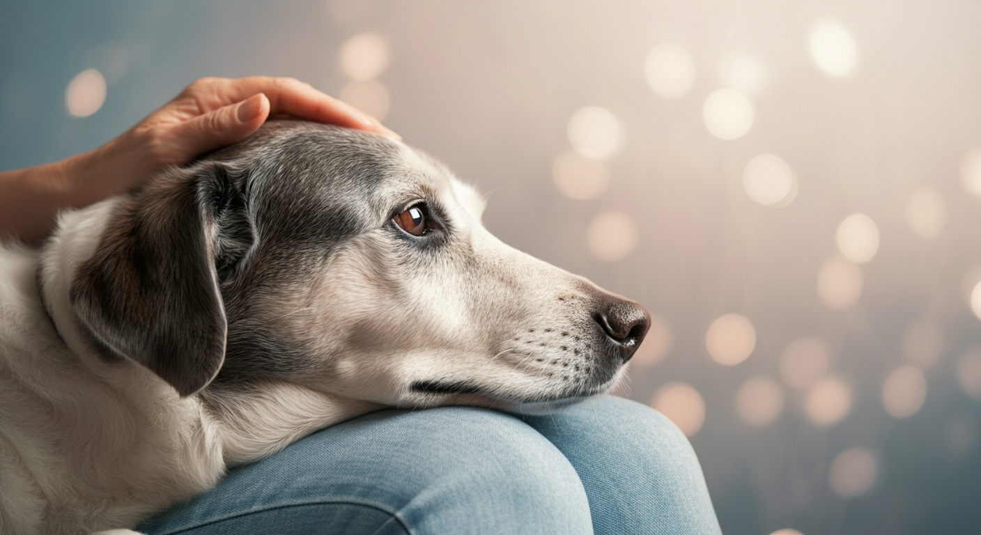 飼い主の膝に頭を乗せてくつろいでいるシニア犬。信頼と愛情を表現した、パステルカラーのミニマルな写真。
