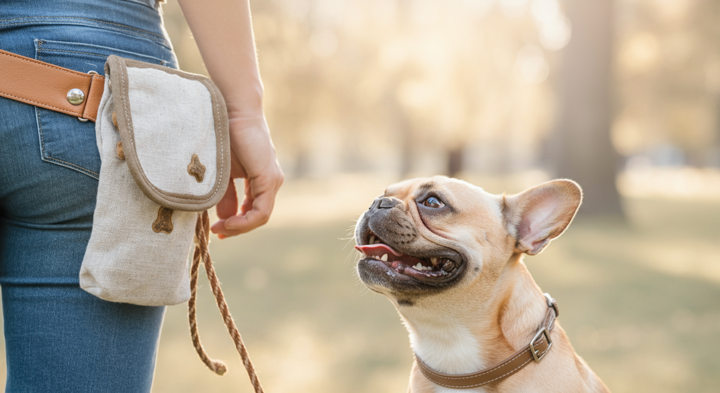 公園で飼い主を見上げる犬。飼い主の腰にはトリーツポーチが付いている。