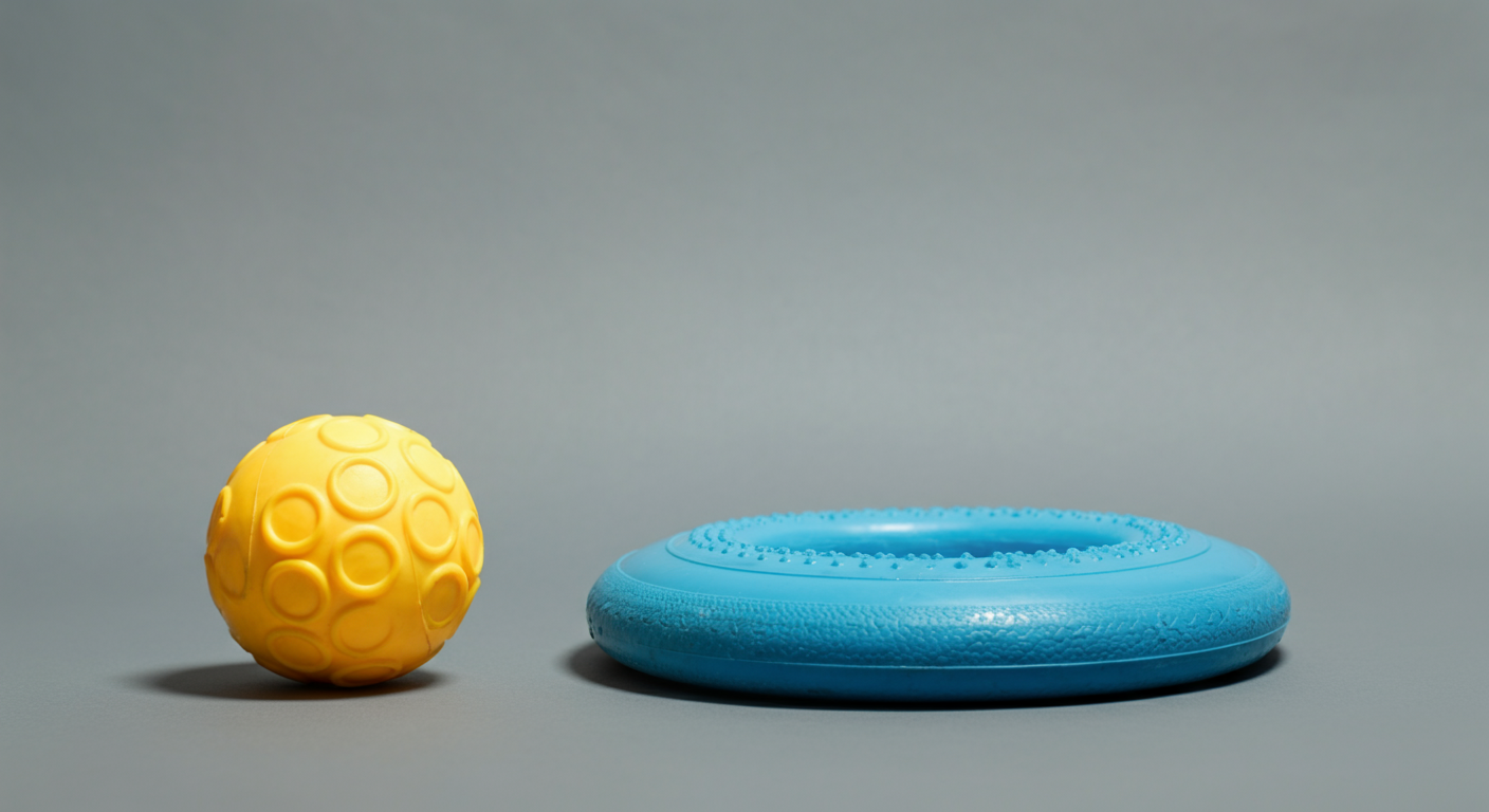 黄色いボールと青いフリスビーが、背景がぼけたパステルカラーの写真の中で隣り合って置かれている。おもちゃの所有権を象徴する抽象的な構図。