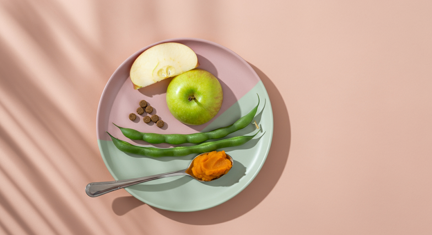 リンゴのスライス、蒸したインゲン、カボチャのピューレなど、犬が食べても安全で食物繊維が豊富な食材が美しく並べられた写真。