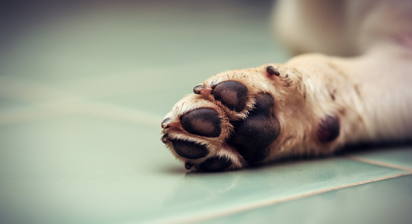きれいなパステルグリーンのタイルの上に置かれた、少しだけ泥のついた子犬の肉球のアップ写真。