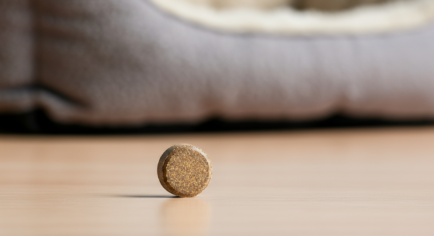 柔らかな光が差し込む部屋で、犬用のベッドのそばに置かれた一粒のグルコサミンチュアブル。