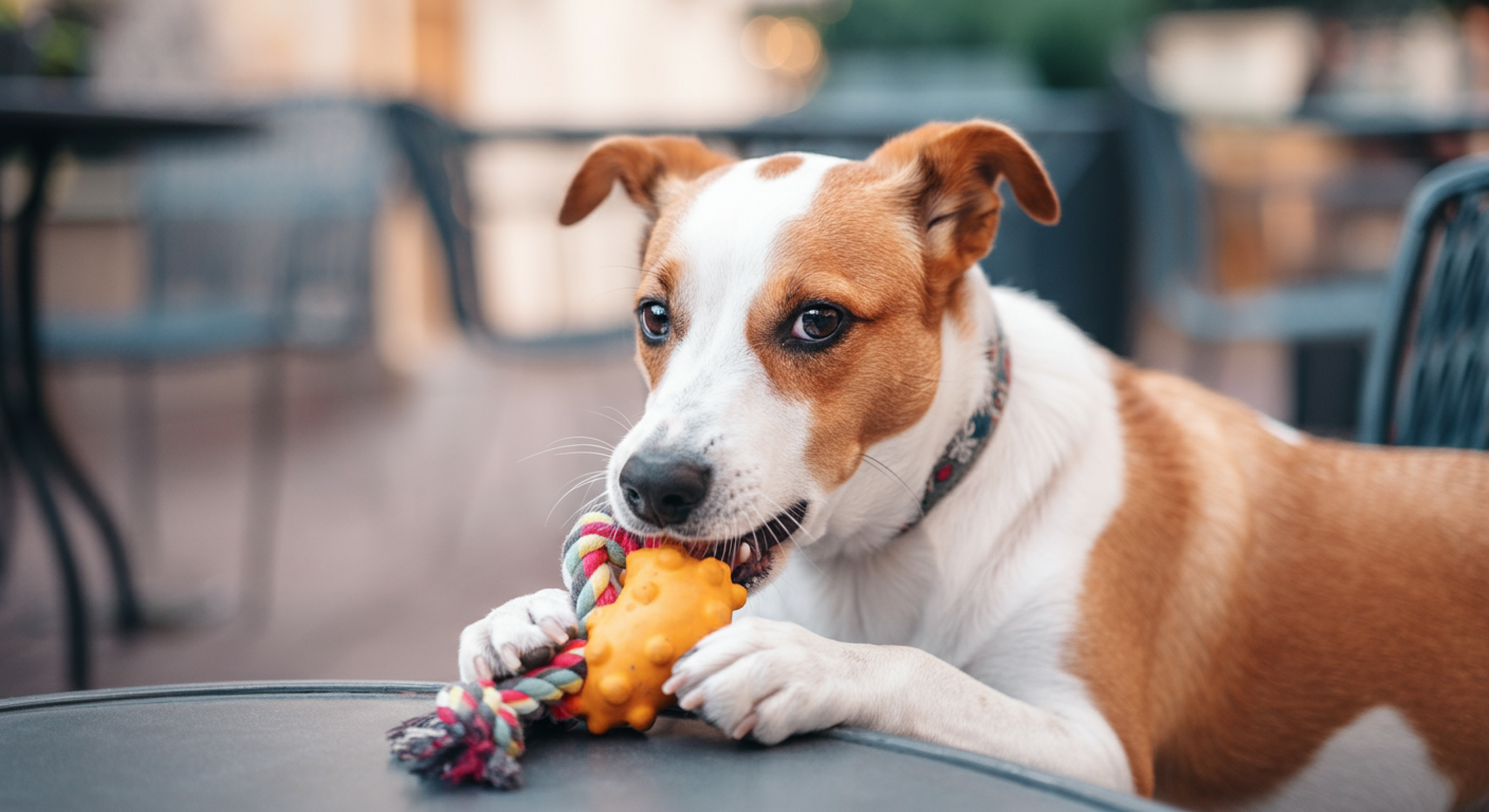 カフェのテラス席の足元で、犬が静かにお気に入りのおもちゃを噛んでいる写真。