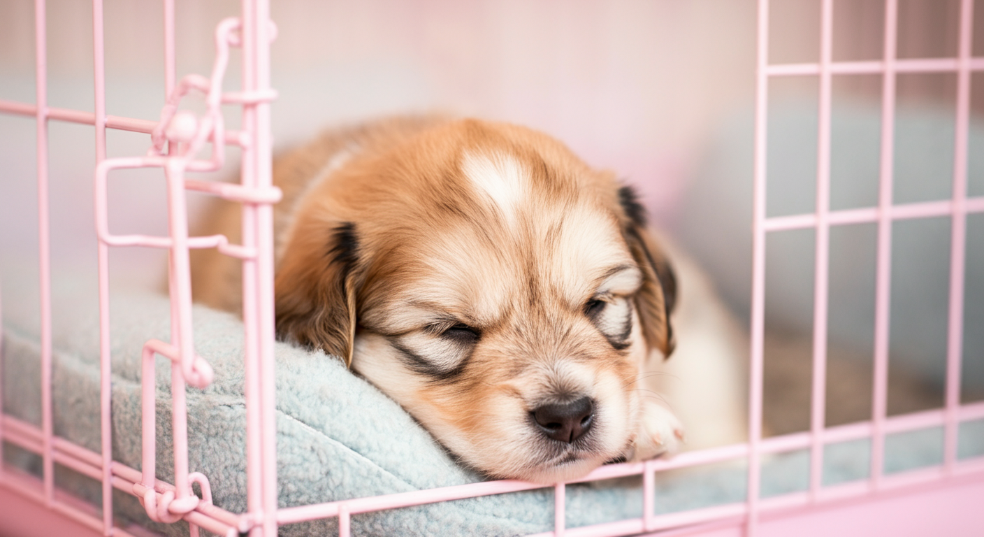 パステルカラーのクレートの中で、一匹の子犬が安心して眠っている様子のクローズアップ写真。