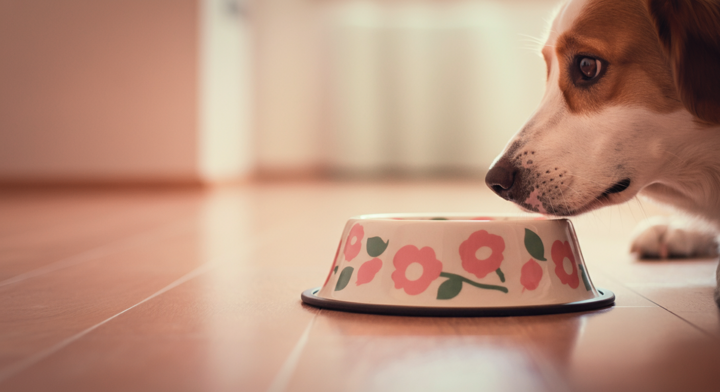 フードボウルがゆっくりと床に置かれる瞬間を捉えた写真。犬の鼻先がフレームの端に辛抱強く待っているのが見える。