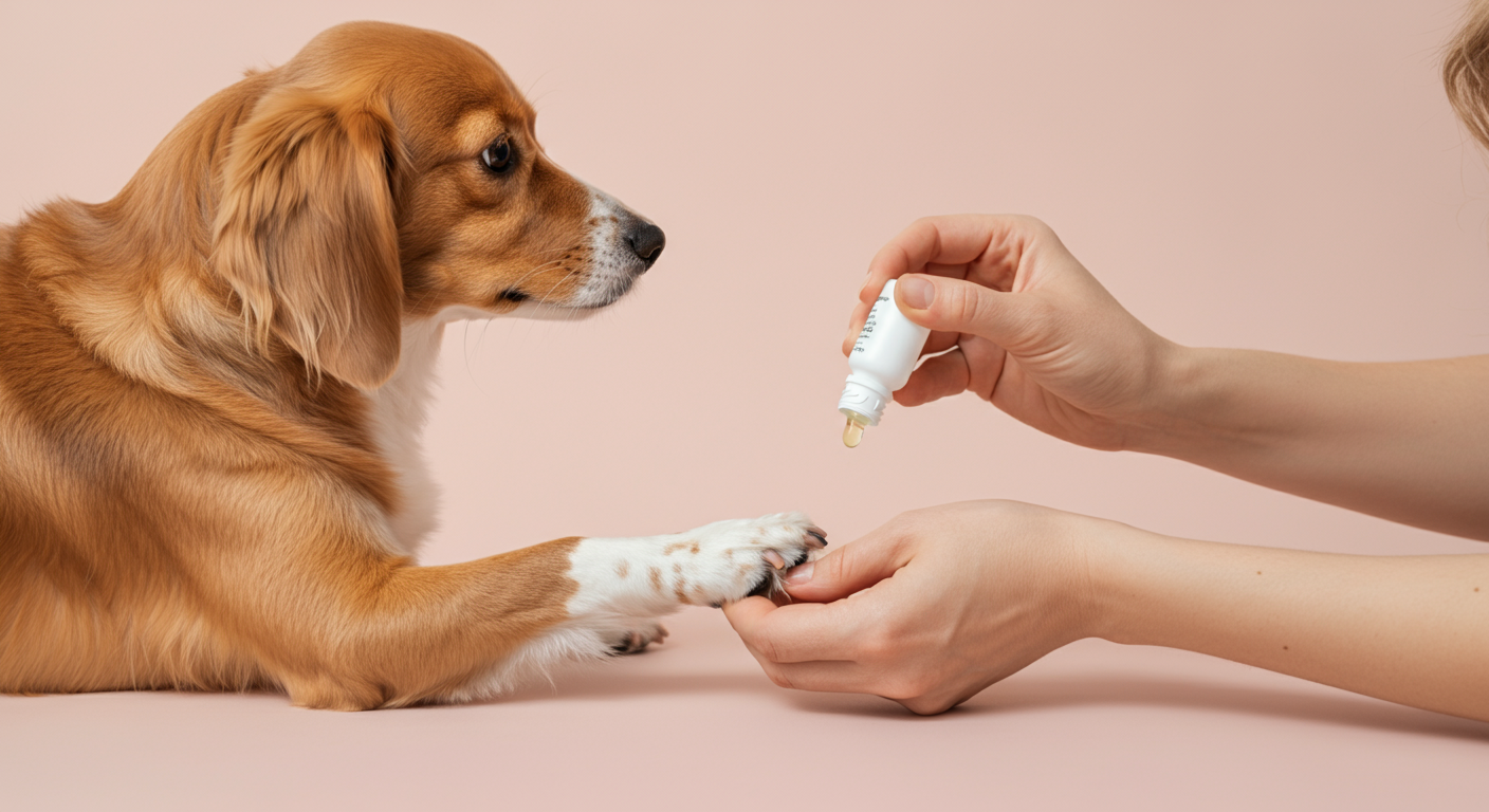 飼い主が犬の内股に液体を少量つけてパッチテストをしている様子のクローズアップ写真。優しく慎重な雰囲気が伝わる。