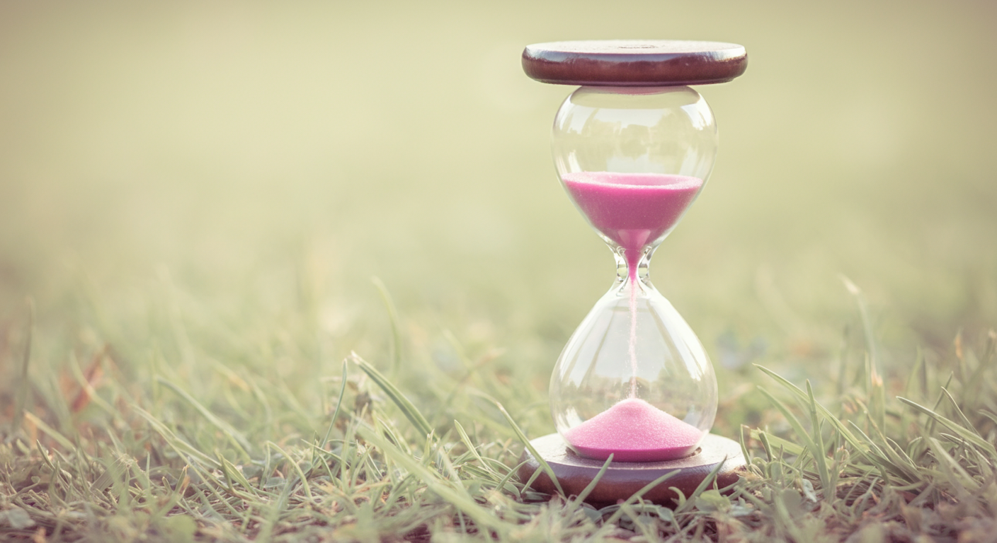 芝生の上に置かれた砂時計。下の容器に砂がほとんど落ちており、時間の終わりを告げている。