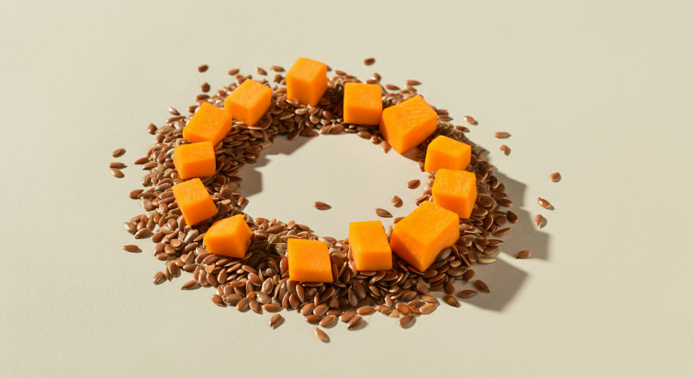 パステルカラーの背景に、カボチャや亜麻仁などの食材が美しく配置された抽象的な写真。腸の健康をイメージしている。