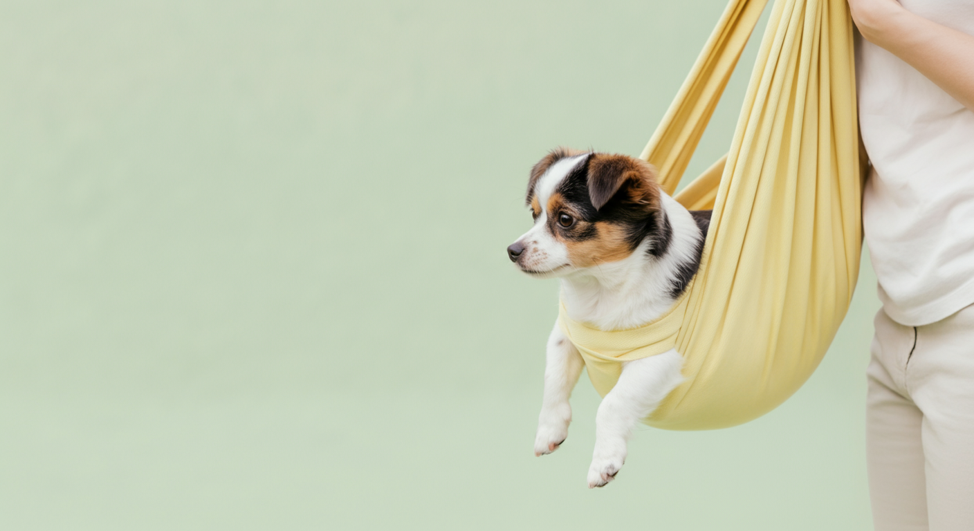 飼い主が地面にいる小さな犬を素早く、しかし優しくすくい上げ、淡い黄色のスリングの安全な場所へと移動させる動きを捉えた写真。