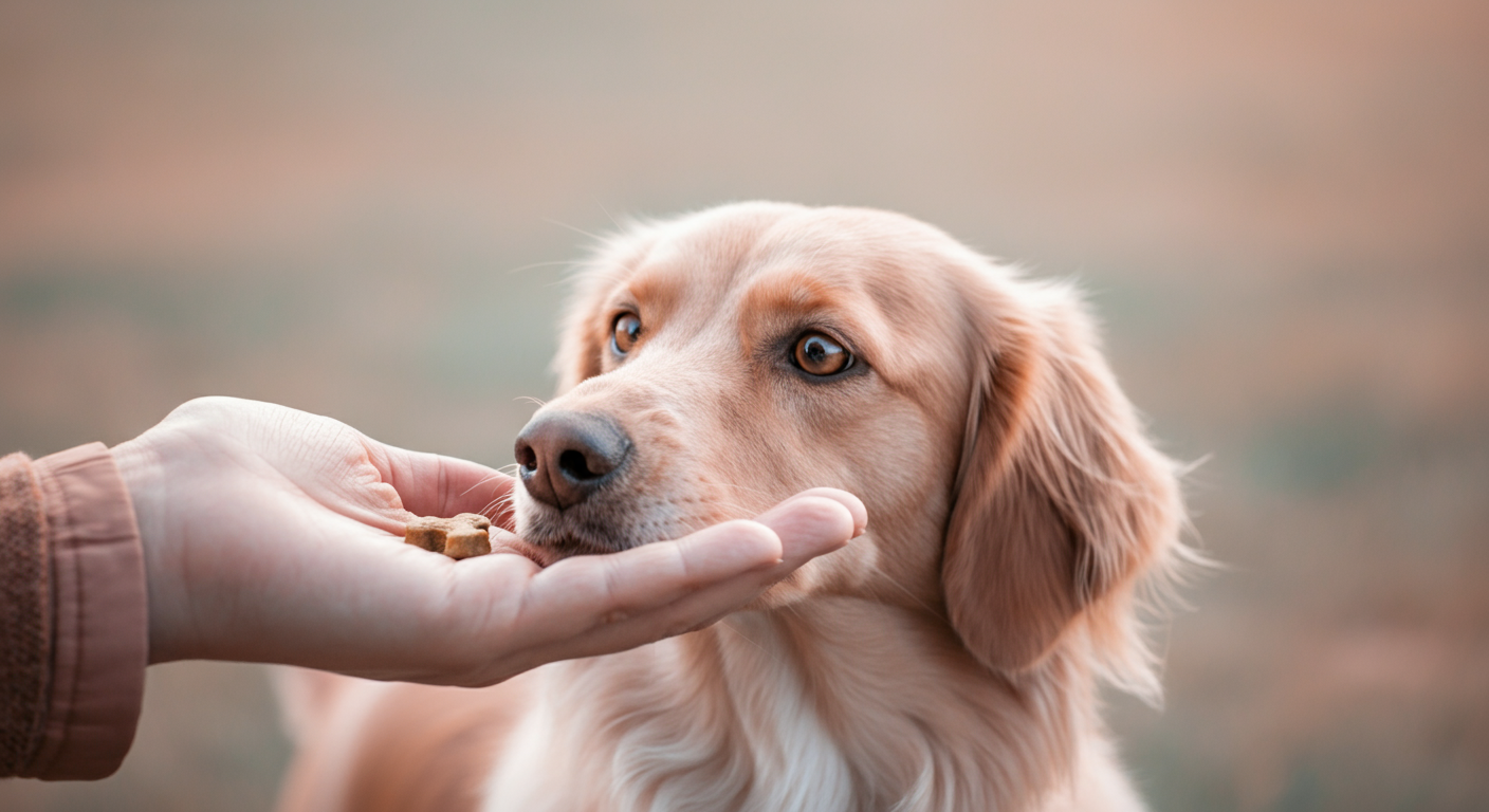 人の手に握られた犬用のおやつ。背景では、犬がその手に注目している。