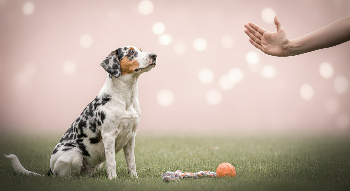 おもちゃを前にして、飼い主の「待て」の合図で静かにおすわりをしている犬。