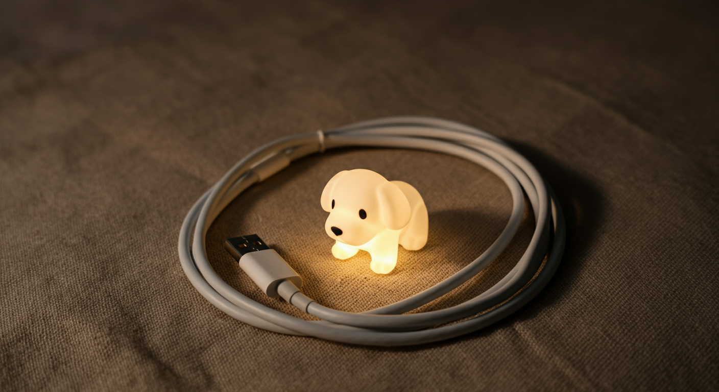 おしゃれな充電ケーブルと犬用の小さなライトが並べられたミニマルな写真