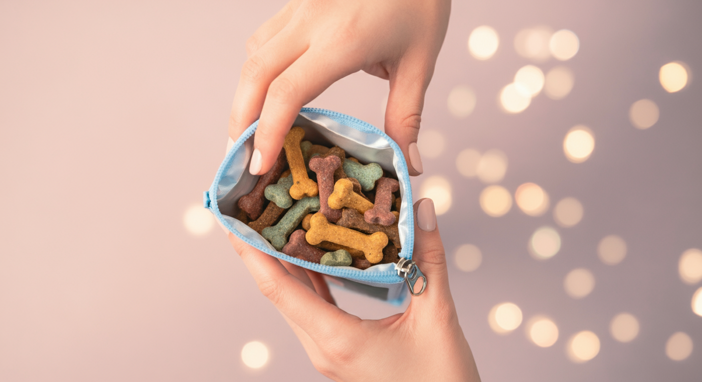 色とりどりの犬用トリーツが入ったポーチを持つ手の写真。