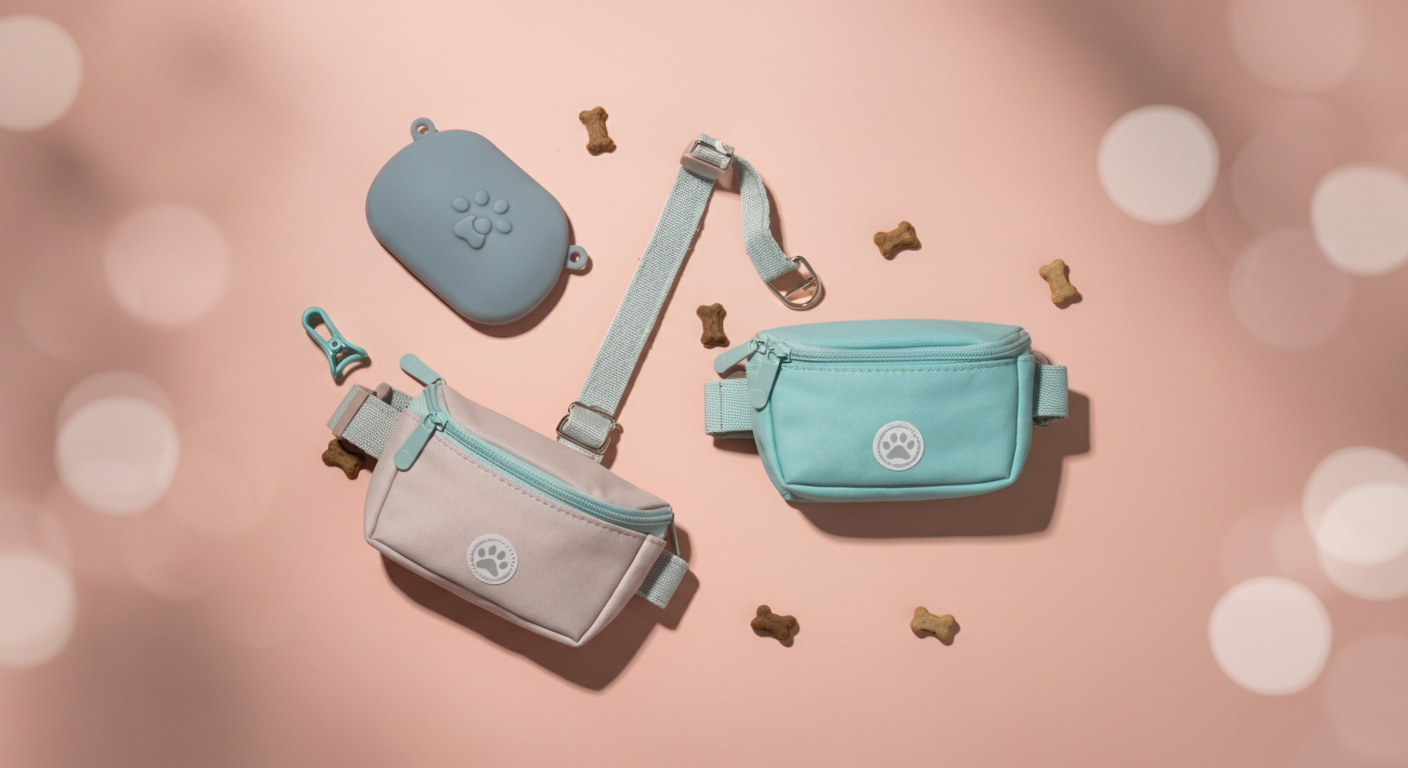 シリコン製、布製のクリップ式、多機能ベルト式という3種類のトリーツポーチを並べたおしゃれな俯瞰写真。