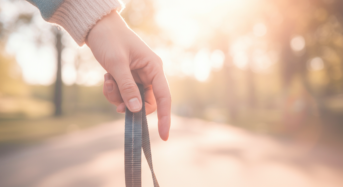 ドッグランの入り口で、犬のリードを優しく持つ手元のクローズアップ。