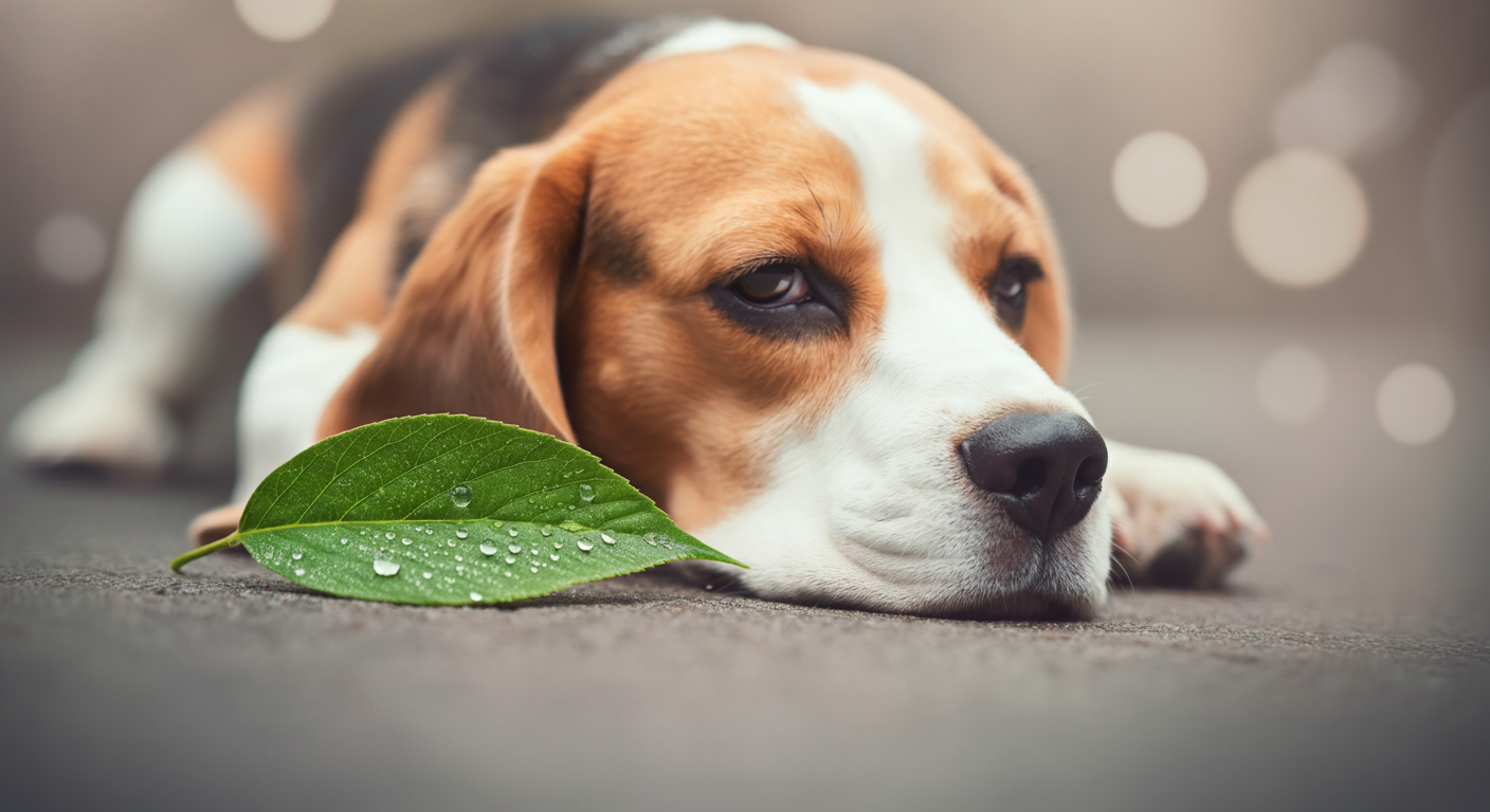 休息中の犬のそばに置かれた、朝露に濡れた一枚の葉っぱを写した、穏やかで抽象的な写真。