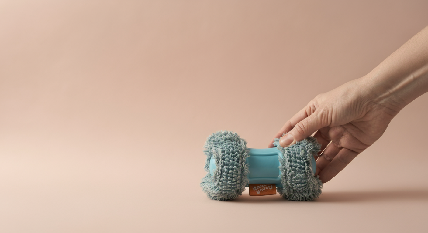 犬用おもちゃの素材や縫製を丁寧に確認している人の手元のクローズアップ。