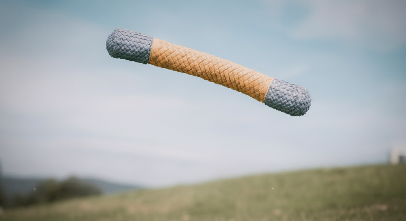 青空と芝生の坂を背景に、丈夫そうなおもちゃが放物線を描いて空中を飛んでいる様子。