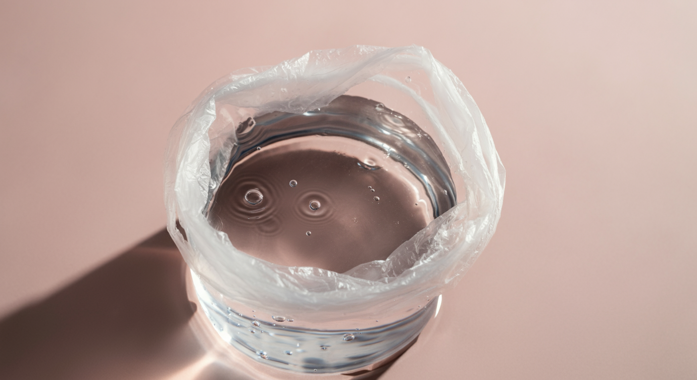 ビニール袋を器のように広げて中に水が入っており、水面が太陽の光でキラキラしている抽象的な写真。