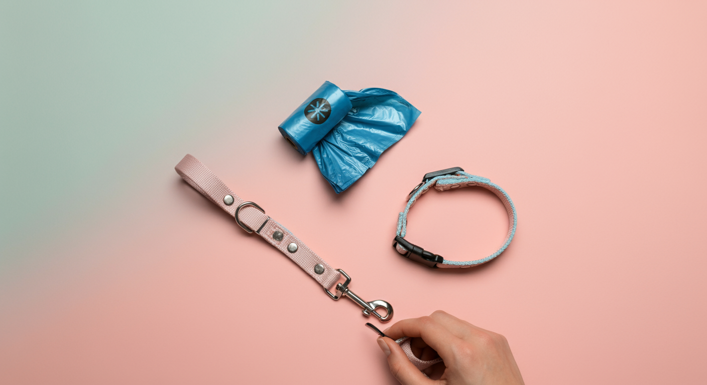 パステルカラーの背景に、リード、うんち袋、迷子札付きの首輪を持った人間の手が写っており、準備万端な様子を示している。