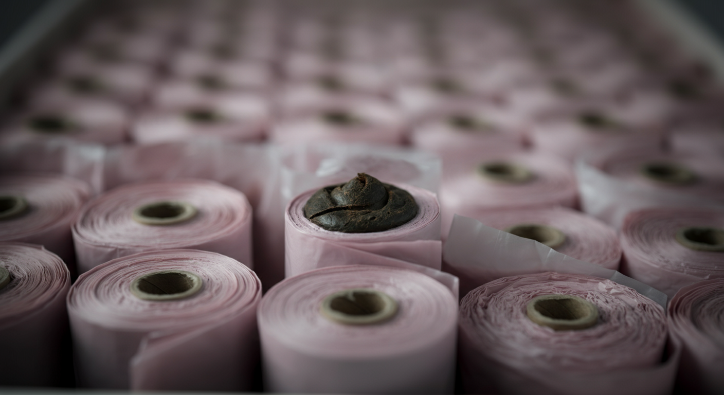 箱にぎっしり詰まったパステルカラーのうんち袋ロールの抽象的な写真。手前の一つのロールにピントが合っている。