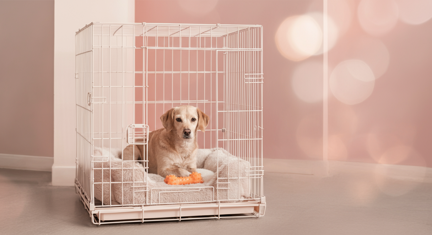 モダンなクレートの中に置かれた、居心地の良さそうな犬用ベッドとおもちゃ。