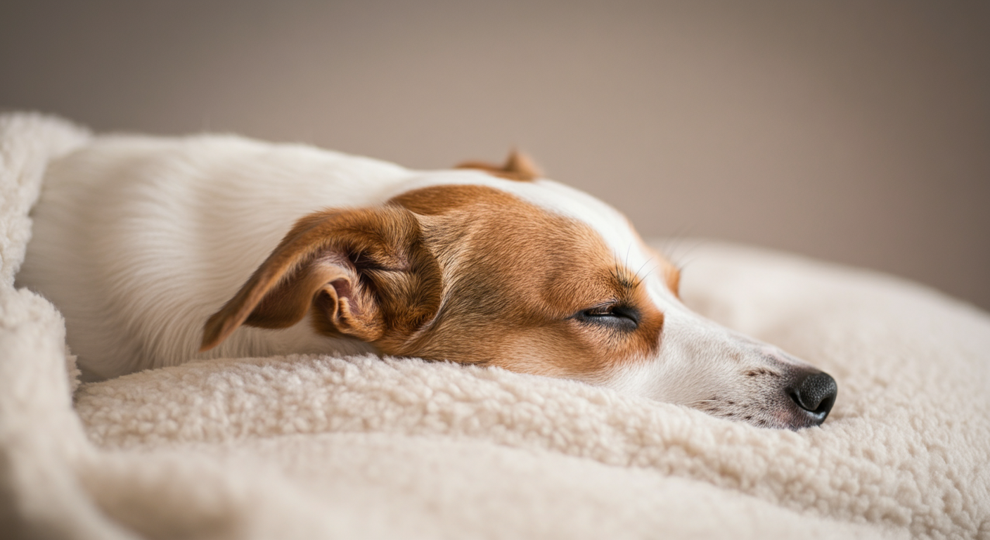 クリーム色のブランケットの上で安らかに眠る犬の耳と閉じた目のクローズアップ。